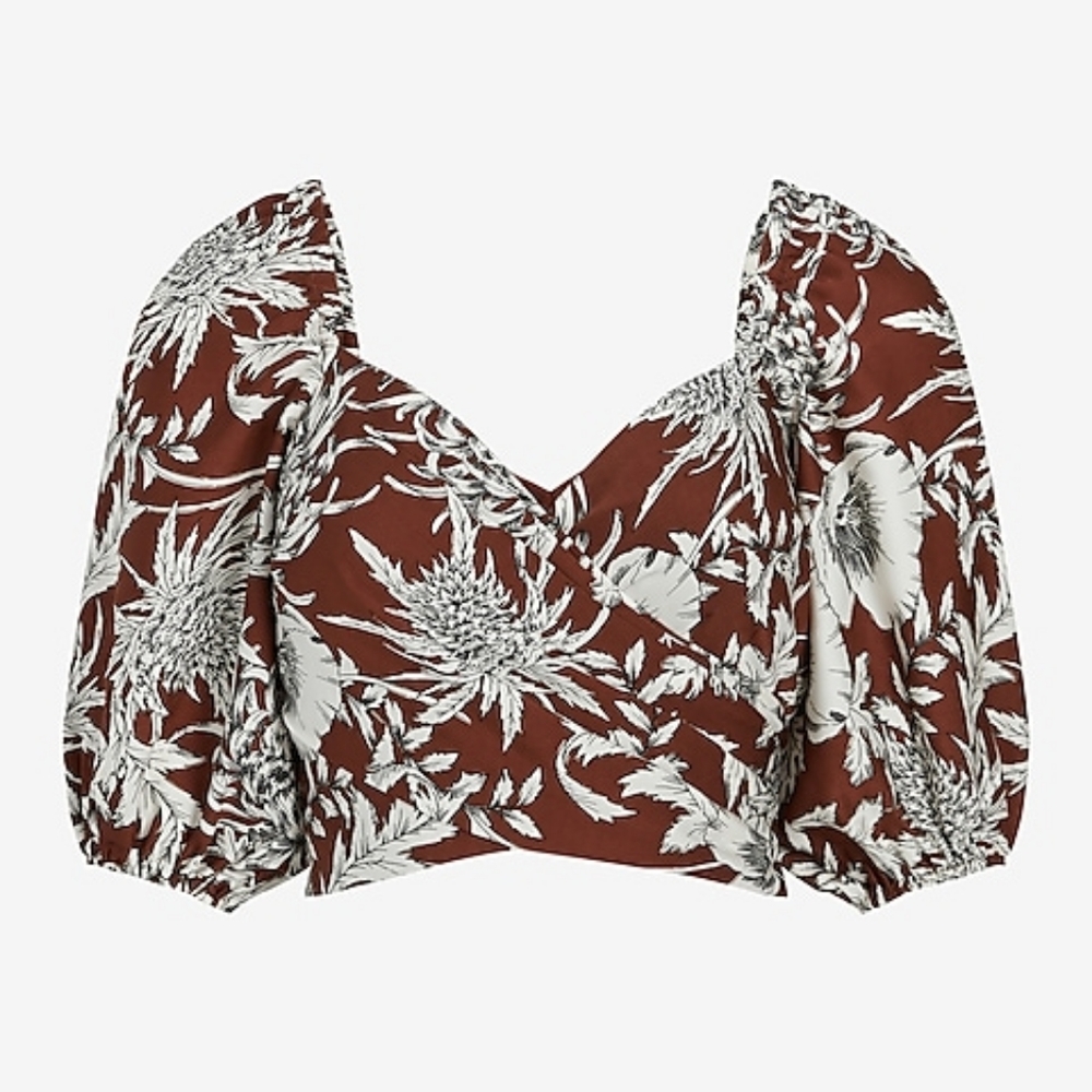 NWT Express Satin Printed Faux Wrap Tie Back Cropped Top Size 10